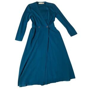 VTG Adele Simpson Bonwit Teller Blue Sexy V Neck Long Sleeve Retro Midi Dress Sm